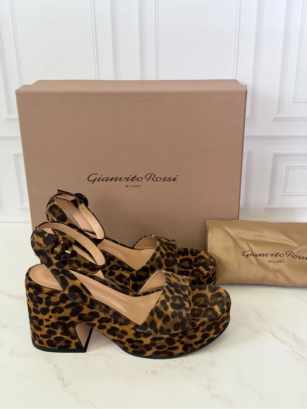 Gianvito Rossi Alma Leopard Print Platform Sandals Ankle Strap Block Heel EU 38